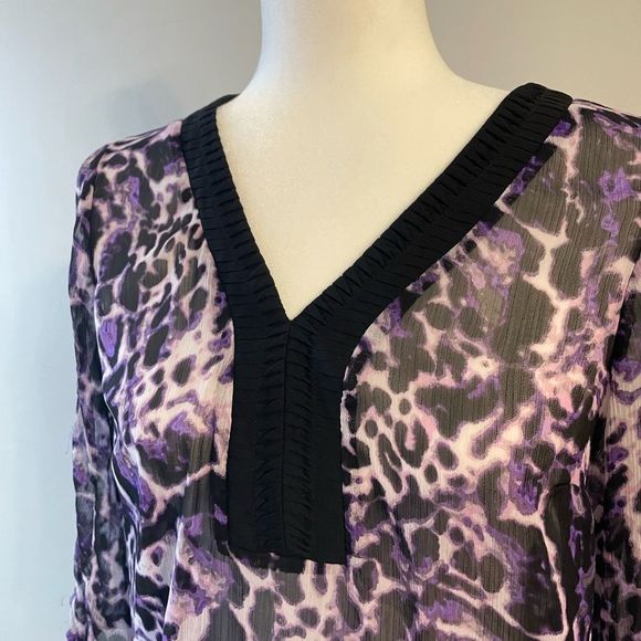 Purple Sheer Leopard V-Neck Blouse - 3/4 Sleeves - Picture 5 of 6